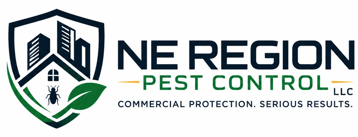 NE Region Pest Control LLC logo with shield, building, home, insect, and green leaf